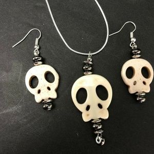 Sugar Skull Necklace Earring Set Silver Handmade